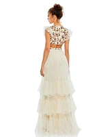 Women's Embroidered Bodice Cap Sleeve Ruffle Tiered Gown