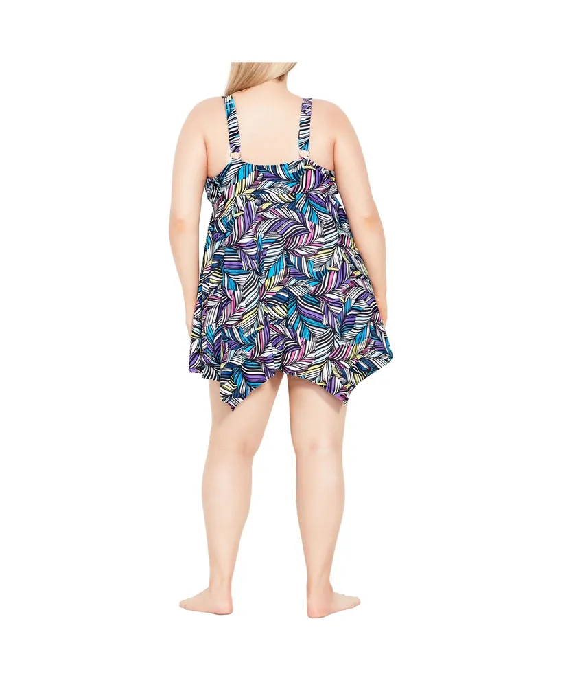 Womens Plus size Sharkbite Print Swim Dress - multi feather
