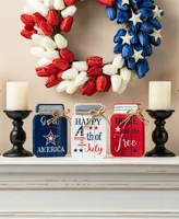 Glitzhome 7" H Set of 3 Patriotic, Americana Wooden Mason Jar Table Decor