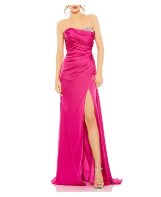 Women's Strapless Embellished Sweetheart Neckline Satin Gown