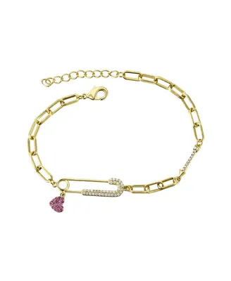 Gigi Girl Kid's/Young Teen 14k Gold Plated with Pink & Cubic Zirconia Safety Pin Dangle Heart Charm Adjustable Bracelet