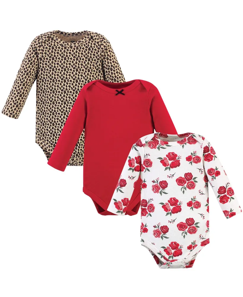 Hudson Baby Girls Cotton Long-Sleeve Bodysuits 3pk, Basic Rose Leopard, 9-12 Months