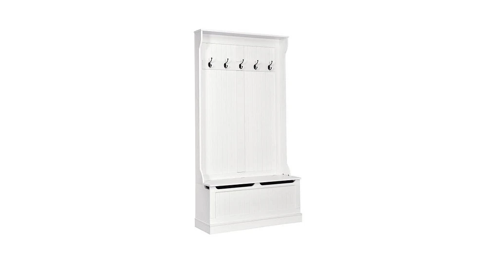 3-in-1 Entryway Hall Tree Coat Rack Shoe Bench with Hooks and Bottom Storage-White