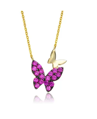 GiGiGirl Kids/Young Teens Sterling Silver 14k Yellow Gold Plated with Ruby Cubic Zirconia Double Butterfly Layering Necklace