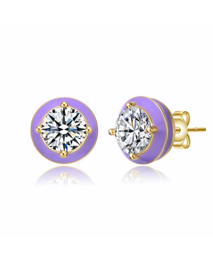 GiGiGirl Young Adults/Teens 14k Yellow Gold Plated with Cubic Zirconia Purple Enamel Round Halo Stud Earrings