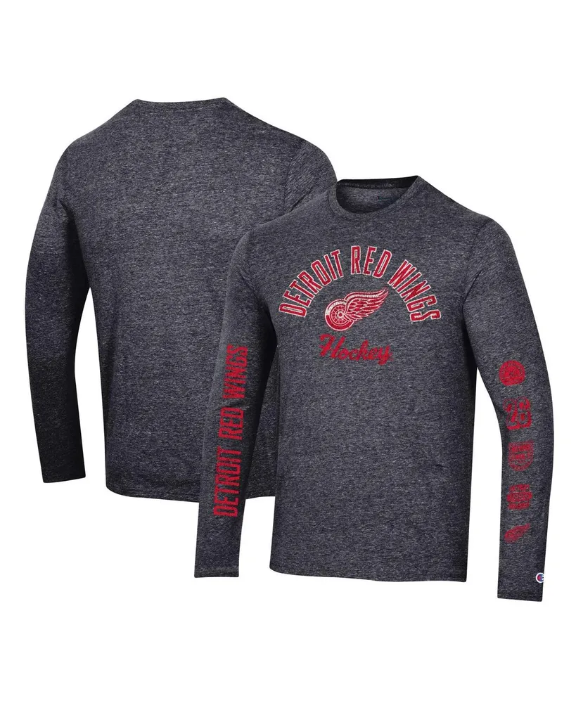 Men's Champion Heather Black Distressed Detroit Red Wings Multi-Logo Tri-Blend Long Sleeve T-shirt