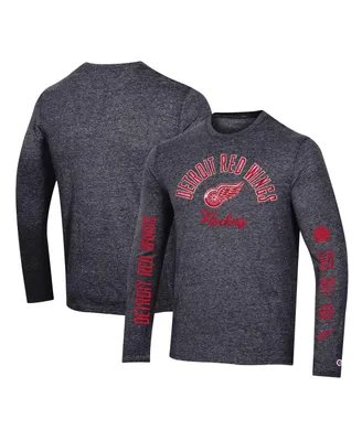 Men's Champion Heather Black Distressed Detroit Red Wings Multi-Logo Tri-Blend Long Sleeve T-shirt