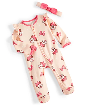 Disney Baby Girls Minnie Mouse Footed Coverall & Headband, 2 Piece Set