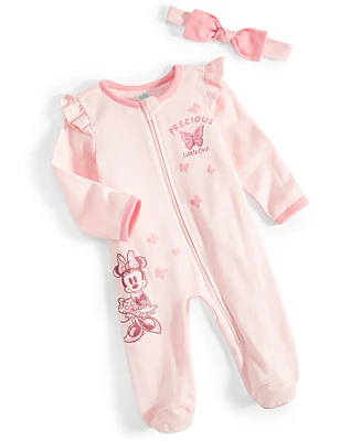 Disney Baby Girls Minnie Mouse Footed Coverall & Headband, 2 Piece Set