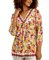 Jm Collection Petite Floral V Neck 3/4-Sleeve Top, Created for Macy's