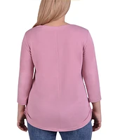 Plus Size Long Sleeve Crepe Knit V-Neck Top with Zipper
