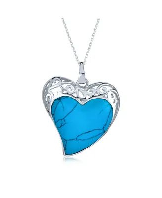 Large Filigree Inlaid Stabilized Turquoise Heart Shape Pendant Necklace For Women .925 Sterling Silver 1.50 In With Chain