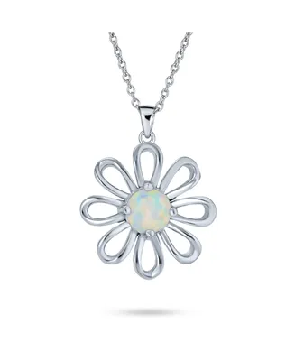 White Rainbow Created Opal Daisy Flower Pendant Necklace For Women .925 Sterling Silver October Birthstone