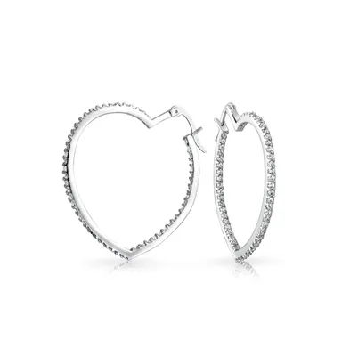 Heart Shaped Inside Out Cubic Zirconia Pave Cz Large Hoop Earrings For Women Girlfriend Rhodium Plated Brass 1.5 In Diameter