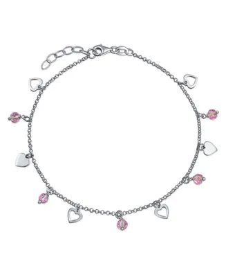 Multi Heart Crystal Pink Anklet Dangle Charms Anklet Ankle Bracelet For Women .925 Sterling Silver Adjustable 9 To 10 Inch With Extender