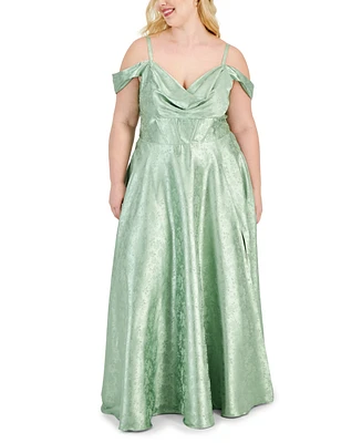 B Darlin Trendy Plus Size Off-The-Shoulder Satin Jacquard Gown