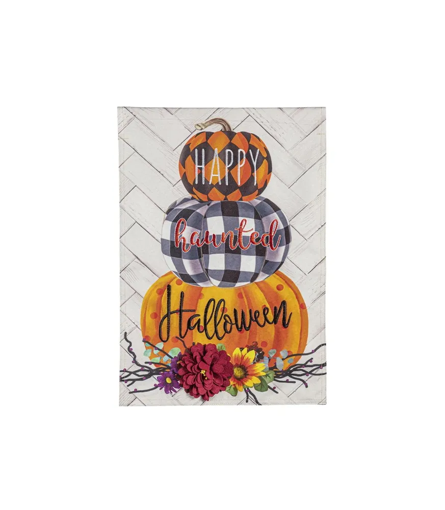 Evergreen Haunted Stacked Pumpkins Garden Linen Flag