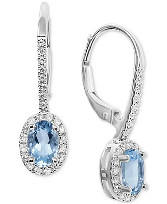 Aquamarine (3/4 ct. t.w.) & Diamond (1/5 ct. t.w.) Oval Halo Leverback Drop Earrings in 14k White Gold