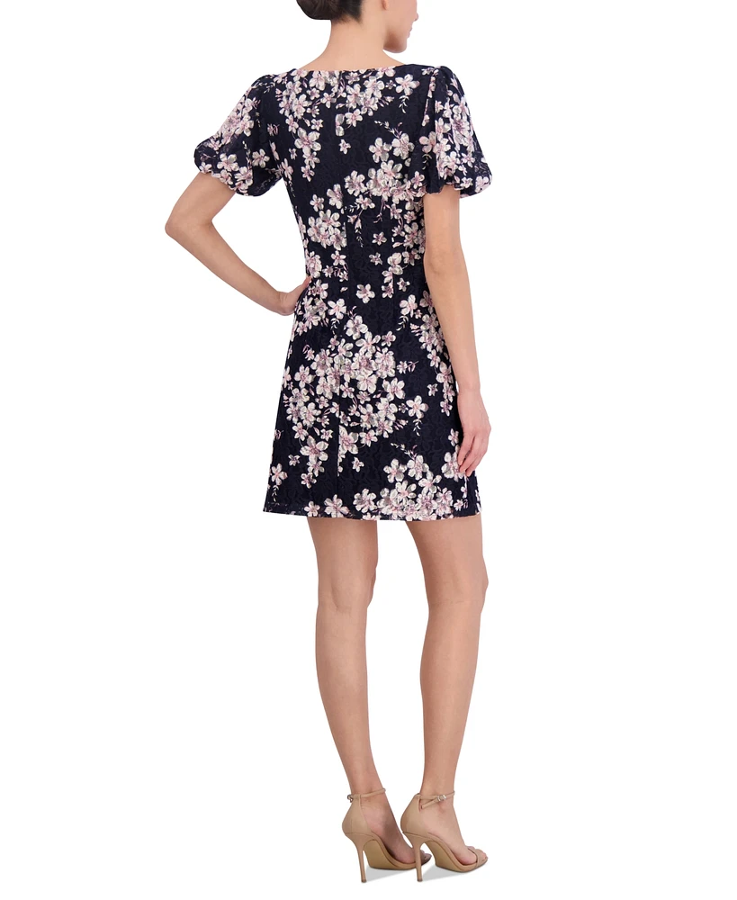 Jessica Howard Women's Printed Puff-Sleeve Lace Sheath Dress