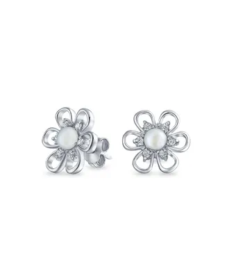 White Freshwater Cultured Pearl Open Daisy Flower Cz Stud Earrings For Women For Teen .925 Sterling Silver