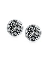 Bling Jewelry Bali Style Lightweight Medallion Round Disc Flower Sunflower Clip On Earrings For Women Non Pierced Oxidized Sterling Silver