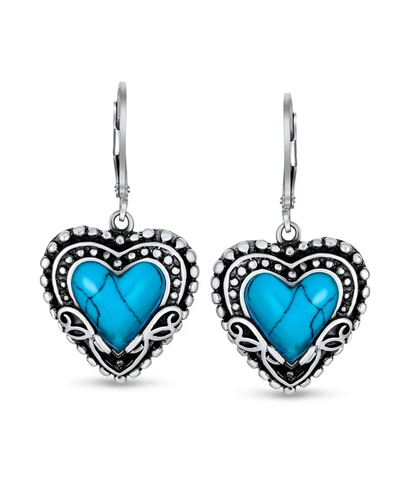 Boho Bali Style Scroll Filigree Blue Turquoise Gemstone Heart Shaped Dangling Earrings For Women Oxidized .925 Sterling Silver Lever back