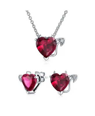 Romantic Cubic Zirconia Red Aaa Cz Devil Heart Necklace Stud Earring Pendant Jewelry Set For Women Teen .925 Sterling Silver