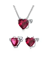 Bling Jewelry Cubic Zirconia Red Cz Devil Heart Necklace Stud Earring Pendant Jewelry Set For Women Sterling Silver