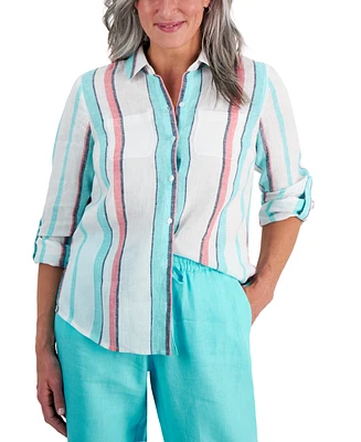 Charter Club Petite Hampton Stripe Button-Front Linen Top, Created for Macy's