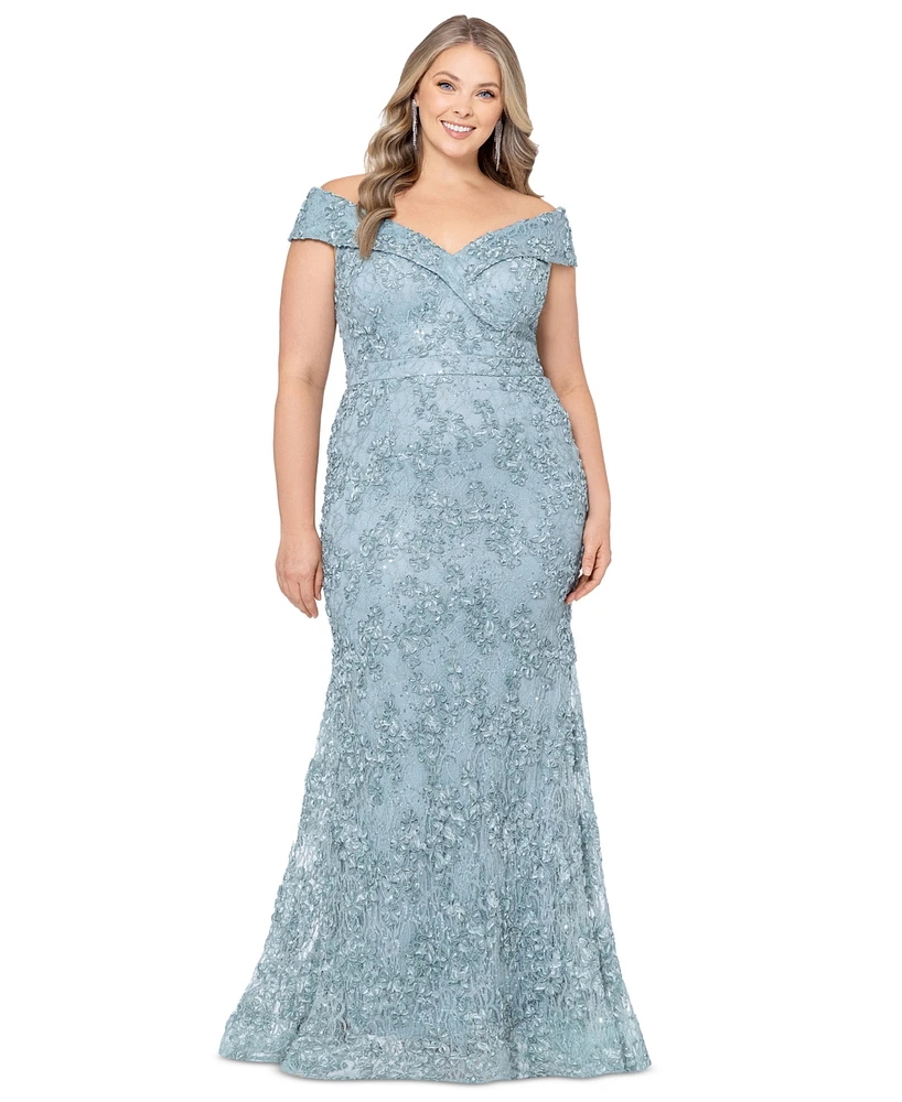 Xscape Plus Size Embellished Lace Off-The-Shoulder Gown