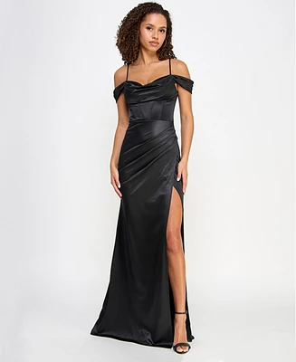 B Darlin Juniors' Cowl-Neck High-Slit Boned-Bodice Gown