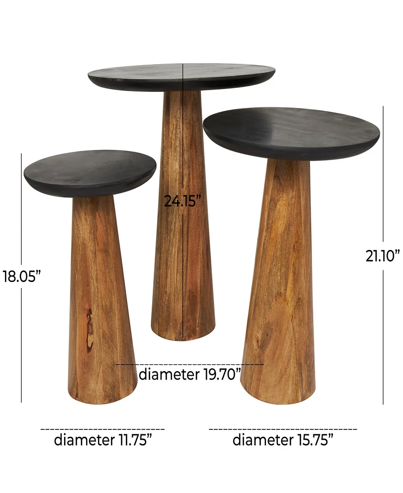 Rosemary Lane Set of 3 Mango Wood Handmade Cone Shaped Black Tabletops Accent Table