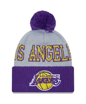 Men's New Era Purple, Gray Los Angeles Lakers Tip-Off Two-Tone Cuffed Knit Hat with Pom