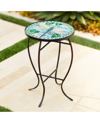 Dragonfly Modern Black Metal Round Outdoor Accent Side Table 14" Wide Blue Green Mosaic Tile Inlay Tabletop Gracefully Curved Legs for Spaces Porch Pa