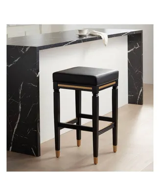 Jaxon Wood Bar Stool Black Gold 31 1/4" High Mid Century Modern Faux Leather Upholstered Square Seat Cushion with Footrest for Kitchen Counter Height