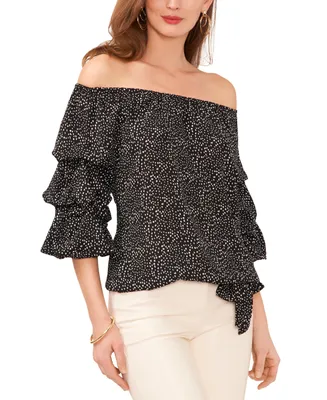 Vince Camuto Women's Printed Off The Shoulder Bubble Sleeve Tie Front Blouse