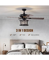 52 Inch 3-Speed Crystal Ceiling Fan Light with Remote Control-Black