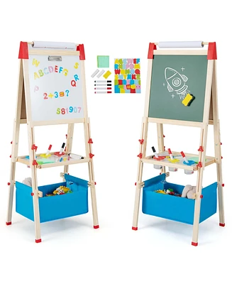3-in-1 Kids Art Easel Double-Sided Wooden Adjustable Magnetic Drawing Board