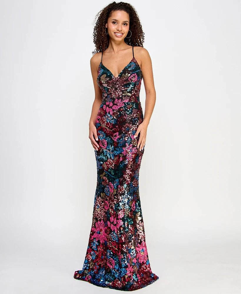 Crystal Doll Juniors' V-Neck Floral-Sequin Lace-Up-Back Gown