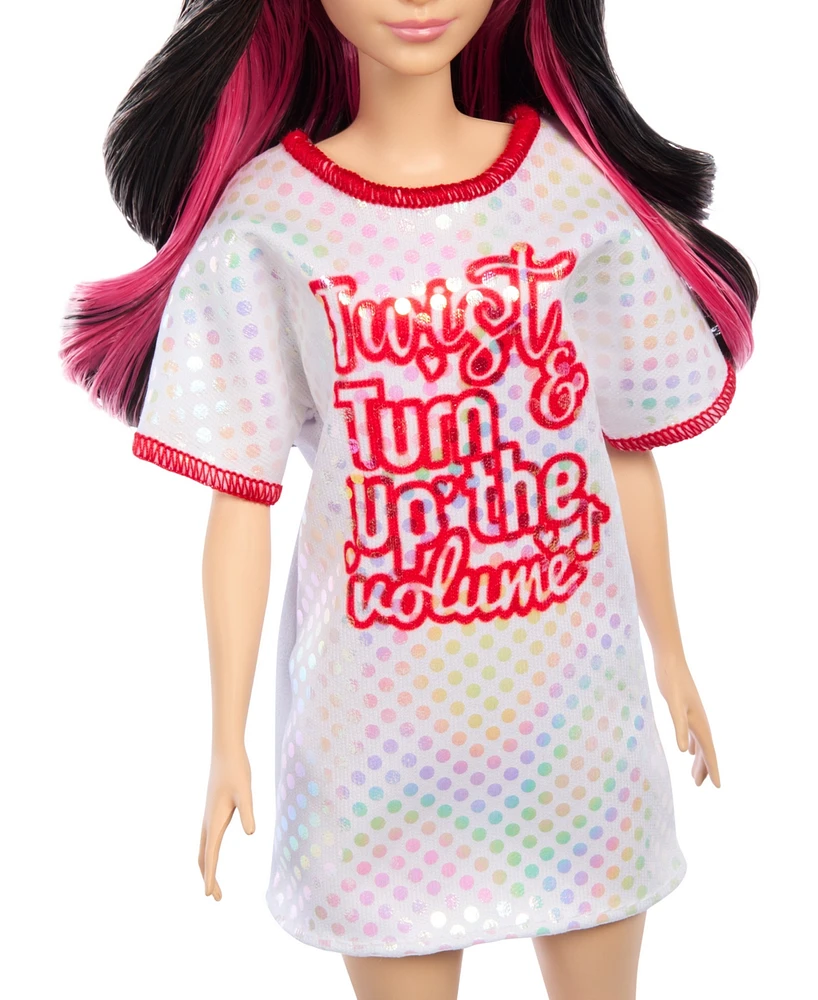 Barbie Fashionistas Doll 214, Black Wavy Hair with Twist 'N' Turn Dress and Accessories, 65th Anniversary