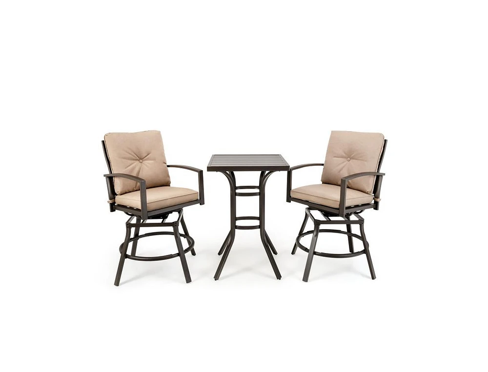 3 Pieces Patio Swivel Bar Table Set with Removable Cushions and Rustproof Metal Frame