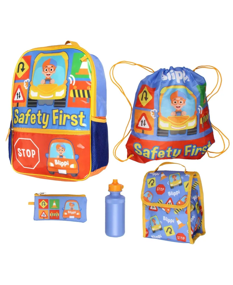 Blippi Safety First Kids School Travel Backpack 5 Pc Set With Lunch Box,  Drawstring Bag, Water Bottle, and Pencil Case