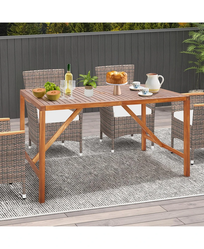 67 Inch Patio Rectangle Acacia Wood Dining Table with Umbrella Hole