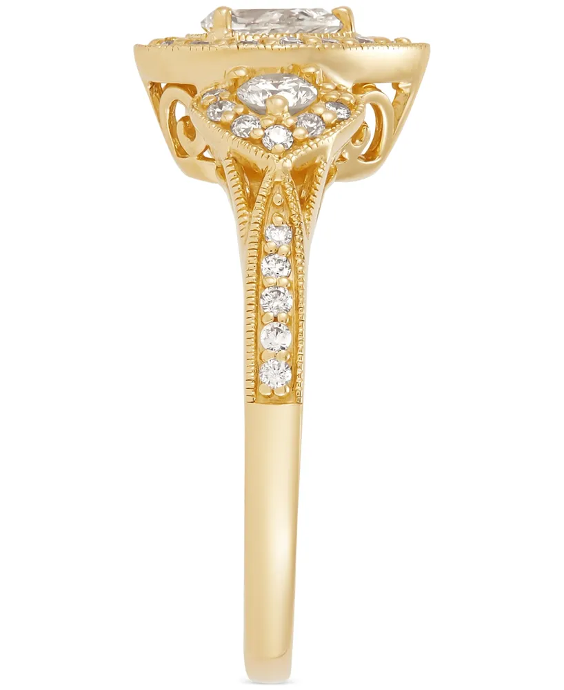 Diamond Pear-Cut Halo Three Stone Beaded Engagement Ring (3/4 ct. t.w.) in 14k Gold