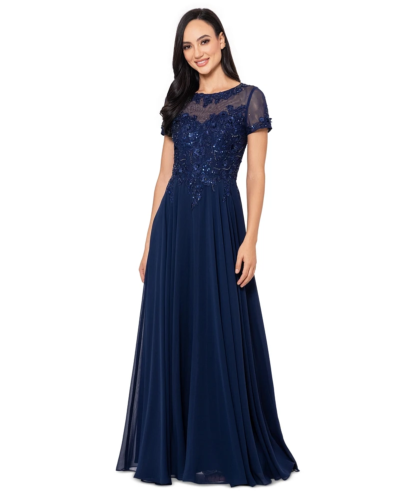 Xscape Petite Embellished Illusion-Bodice Gown