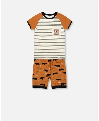 Baby Boy Organic Cotton Two Piece Short Pajama Set Caramel Printed Rhinoceros - Infant