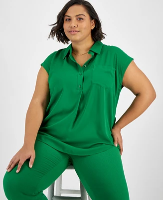Bar Iii Plus Button-Front Cap-Sleeve Popover Top, Created for Macy's