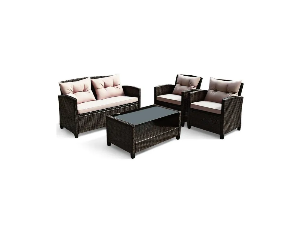 4 Pieces Patio Rattan Conversation Furniture Set with Glass Top Coffee Table