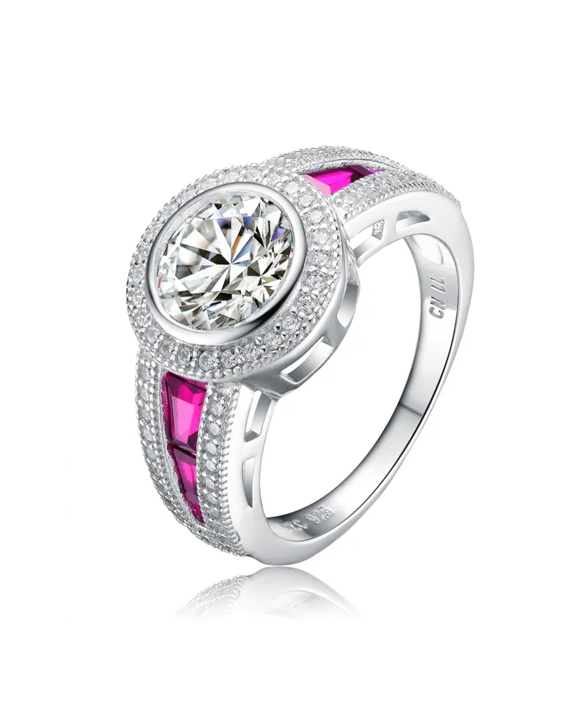 Sterling Silver White Gold Plated with Colorful stones on the Band and Round Cubic Zirconia Ring