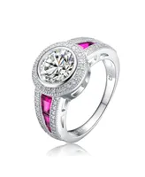 Sterling Silver White Gold Plated with Colorful stones on the Band and Round Cubic Zirconia Ring